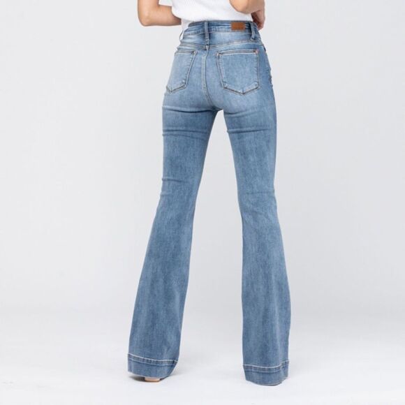 Judy Blue High Rise Trouser Flare Jeans Medium Stone Wash Stretch Size 11 / 30 - Picture 2 of 8